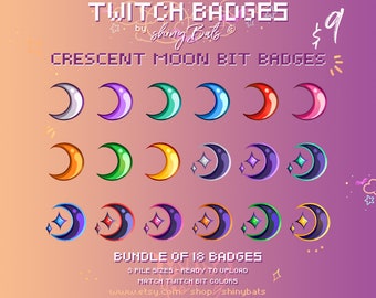 18 crescent moon Twitch bit badges for affiliated or partnered stream instant download bundle cute witchy graphics add magic cheers to chat
