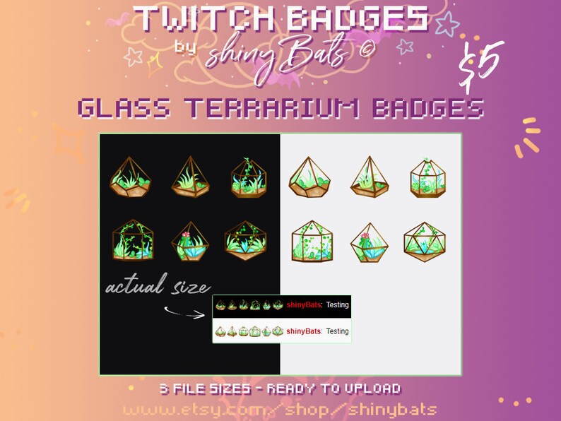 K&ouml;nnte beinhalten: Digitalgrafik mit Twitch-Badges mit Glas-Terrarium-Designs. Die Badges zeigen verschiedene geometrische Formen, die mit gr&uuml;nen Pflanzen und Sukkulenten gef&uuml;llt sind. Der Text lautet "TWITCH BADGES" und "GLASS TERRARIUM BADGES". Der Text "actual size" ist ebenfalls enthalten.