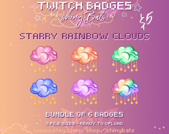 6 sternenklare Regenbogen Wolke Twitch Sub Badges für verbundene oder Partner-Stream Sofort-Download-Bundle niedlichen verträumten pastellästhetischen Streamer