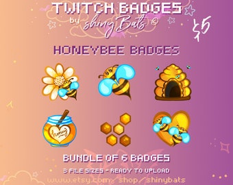 6 Honigbienen Twitch Sub Badges für verbundene oder Partner-Stream-Sofort-Download-Bundle niedliche hellgelbe goldene Bienenhonig ästhetische Luftschlangen