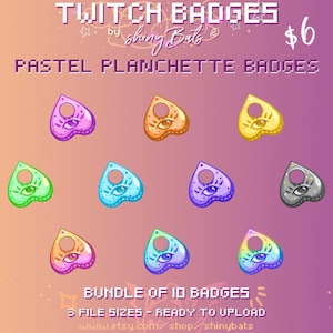 10 pastel planchette Twitch sub badges for affiliated or partnered stream instant download bundle, fits kawaii goth witchy aesthetic