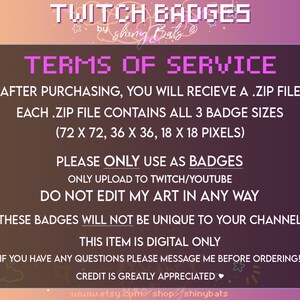 K&ouml;nnte beinhalten: Digitale Twitch-Abzeichen mit einem lila-rosa Farbverlauf im Hintergrund. Das Bild enth&auml;lt den Text "Twitch Badges" und "Nutzungsbedingungen". Der Text enth&auml;lt Details zu den Abzeichengr&ouml;&szlig;en in Pixeln und Nutzungshinweise. Der Etsy-Shop-Name "shinybats" ist ebenfalls enthalten.