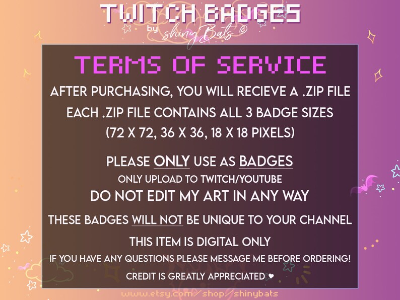 K&ouml;nnte beinhalten: Digitale Twitch-Abzeichen mit einem lila-rosa Farbverlauf im Hintergrund. Das Bild enth&auml;lt den Text "Twitch Badges" und "Nutzungsbedingungen". Der Text enth&auml;lt Details zu den Abzeichengr&ouml;&szlig;en in Pixeln und Nutzungshinweise. Der Etsy-Shop-Name "shinybats" ist ebenfalls enthalten.