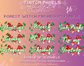 35 Twitch info panels cute forest witch mushroom cursive text stream graphics, instant download bundle green red white cottagecore aesthetic