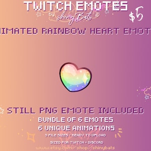 以下が含まれることがあります： 虹色のハートのデザインが施された、アニメーション化されたTwitchエモート。エモートは、6つのユニークなアニメーションを備えた6つのバンドルとして入手できます。画像には、「TWITCH EMOTES」と「$5」のテキストが表示されています。