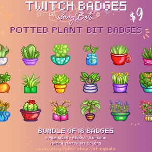 18 cute potted plant Twitch bit badges for affiliated or partnered stream instant download bundle fits green nature aesthetic cheer graphics