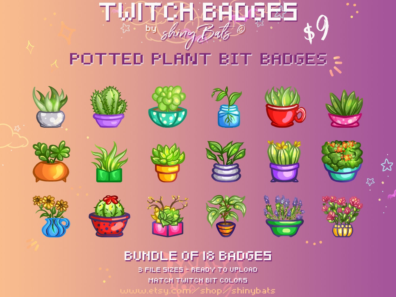 18 cute potted plant Twitch bit badges for affiliated or partnered stream instant download bundle fits green nature aesthetic cheer graphics