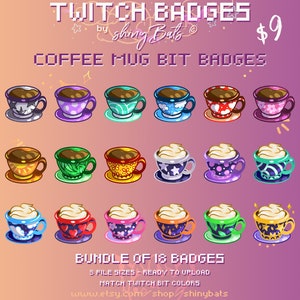 18 cute coffee mug Twitch bit badges for affiliated or partnered stream instant download bundle latte drink cafe aesthetic cheer graphics