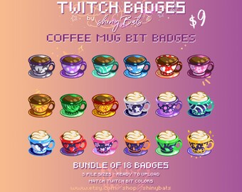 18 cute coffee mug Twitch bit badges for affiliated or partnered stream instant download bundle latte drink cafe aesthetic cheer graphics