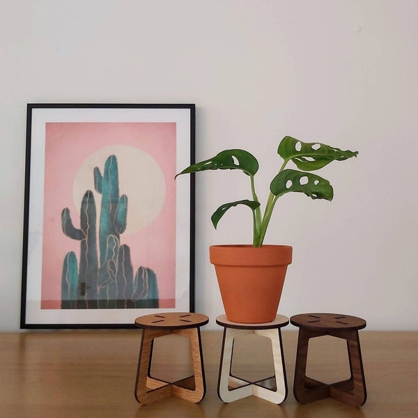 Suporte de madeira para plantas/Elevador para plantas de interior: Acabamentos em freixo, carvalho ou nogueira - Decoração minimalista