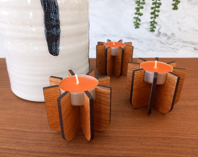 Wooden Tea Light Holder in Ash, Oak, or Walnut Finish - Single or Set of 3 - Rustic Candle Centrepiece, Home Decor Gift.