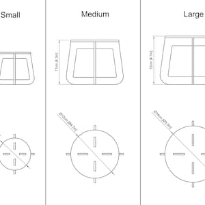 May include: Diagram of three sizes of a wooden planter. The small planter is 8cm (3.15in) tall and 8cm (3.15in) in diameter. The medium planter is 11cm (4.3in) tall and 12cm (4.7in) in diameter. The large planter is 12cm (4.7in) tall and 14cm (5.5in) in diameter.