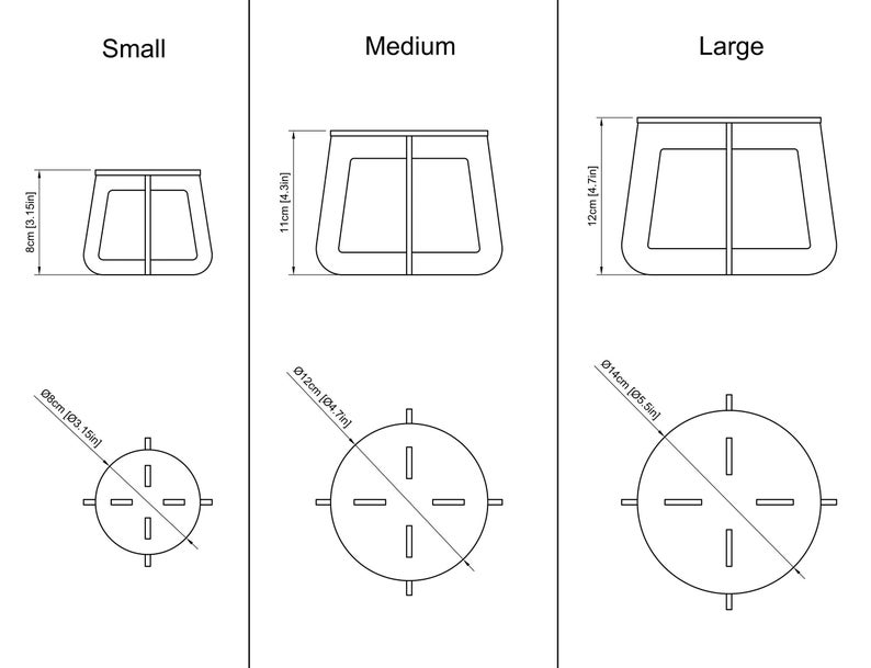 May include: Diagram of three sizes of a wooden planter. The small planter is 8cm (3.15in) tall and 8cm (3.15in) in diameter. The medium planter is 11cm (4.3in) tall and 12cm (4.7in) in diameter. The large planter is 12cm (4.7in) tall and 14cm (5.5in) in diameter.