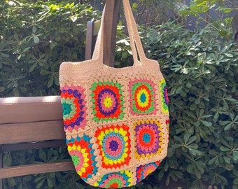 Sac carré de grand-mère fait à la main, sac coloré, sac à bandoulière, sac Boho, sac au crochet, cadeau, sac à main en corde de macramé, sac de plage, sac à main vintage