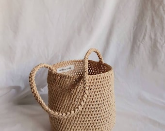 Sac panier fait main Lilou en raphia, sac au crochet, sac en raphia, sac fait main, petit sac en raphia, sac panier, sac seau, sac en paille