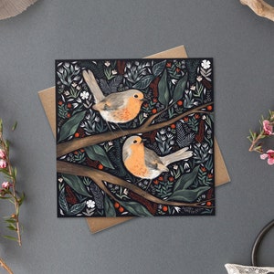 Cartes Robin | Grand jeu de cartes de voeux botaniques |  Carte oiseau beaux-arts | Papier kraft respectueux de l'environnement