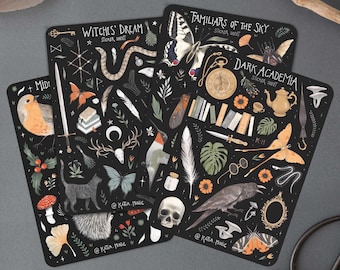 Mystische Sticker Bogen Set: Schwarze Feen, Witchy, Tier, Dark Academia Sticker
