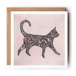 chat fleuri | Carte de voeux florale botanique | folklorique |  Carte de chat beaux-arts | Papier kraft respectueux de l'environnement