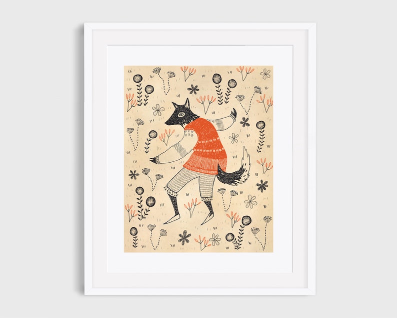 Dancing Wolf Fine Art Print Size A5 A4 Children's room Nursery Wall Art Whimsical illustration image 3