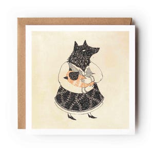 carte mère | Carte de voeux de loup | Fête des Mères | Bébé | folklorique |  Carte beaux-arts | Papier kraft respectueux de l'environnement