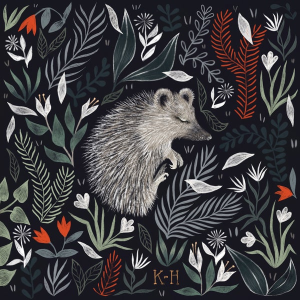 Sleeping Hedgehog painting | Fine Art Print | Size A5 A4 | Wall art Whimsical illustration