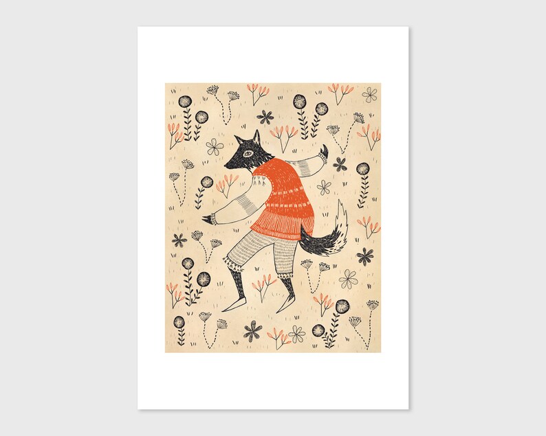 Dancing Wolf Fine Art Print Size A5 A4 Children's room Nursery Wall Art Whimsical illustration image 6