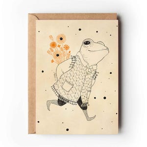 Grenouille fleurie | Carte de voeux | folklorique |  Carte crapaud animal beaux-arts | Papier kraft respectueux de l'environnement