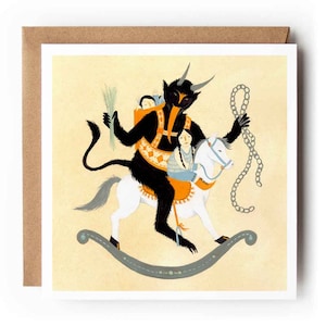 carte vintage Krampus | de voeux de cheval à bascule de Noël | folklorique |  Carte pour les Fêtes beaux-arts | Papier kraft respectueux de l'environnement
