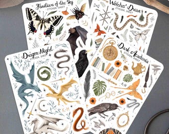 May include: Four sticker sheets with illustrations of fantasy and dark academia themes. The sheets feature dragons, owls, bats, snakes, butterflies, flowers, books, and other whimsical elements. The text on the sheets reads "Familiars of the Sky", "Witches' Dream", "Dragon Night", and "Dark Academia".