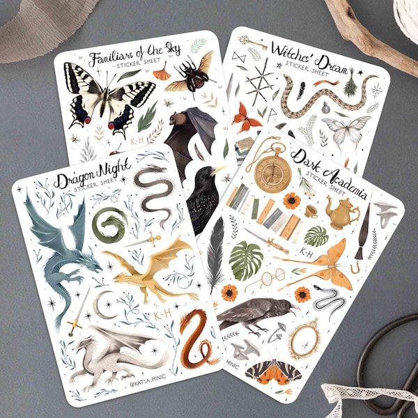 Fantasy Sticker Sheet Pack: White Witchy Fae, Fantasy, Animals, Dragon, Magic Stickers