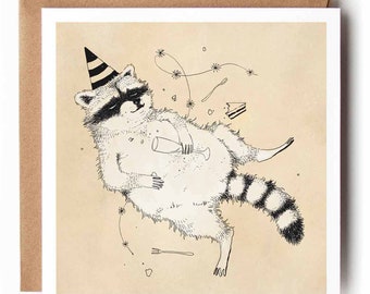 Sparkly Raccoon Birthday Card: Fine Art Drinking Raccoon, Kraft Envelope