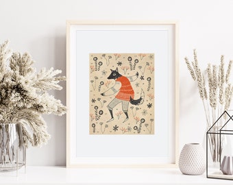 Dancing Wolf Fine Art Print | Size A5 A4 | Children's room Nursery Wall Art | Whimsical illustration