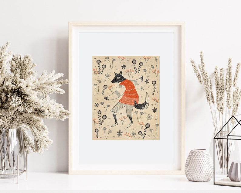 Dancing Wolf Fine Art Print Size A5 A4 Children's room Nursery Wall Art Whimsical illustration image 1