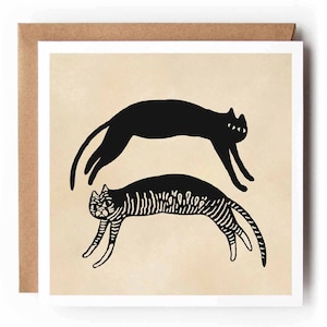 deux chats | Carte de voeux mignonne de chat noir et de chat tigré | folklorique |  Carte pour animaux de compagnie beaux-arts | Papier kraft respectueux de l'environnement