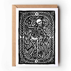 Macabere danskaart | Botanische bloemenwenskaart | Folkloristisch |  Fijne kunst middeleeuws skeletkaart | Milieuvriendelijk kraftpapier