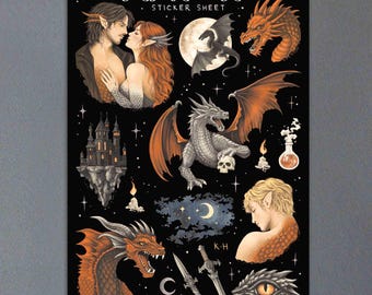 May include: A black sticker sheet titled "Dragon after Dark" featuring various fantasy illustrations. The sheet includes images of dragons, a castle, a couple, swords, and a dragon eye. The artwork is detailed with a dark, mystical theme.