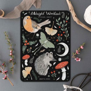Folha de adesivos Midnight Woodland | Adesivos de cogumelo ouriço de outono e inverno | Adesivos de álbum de recortes Bujo | Adesivos de diário de marcadores de planejador
