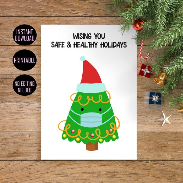 Funny Christmas tree Card, Holiday Greetings face mask Card, Quarantine Christmas Card, Pandemic Holiday Card, Instant Download, Printable