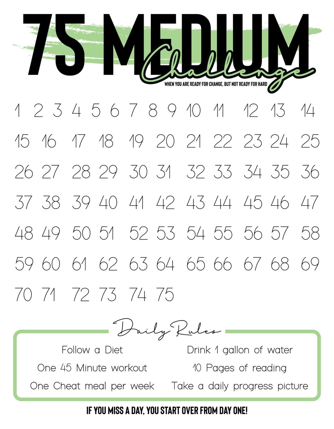 75 Medium Challenge Tracker Green Digital File Only Etsy