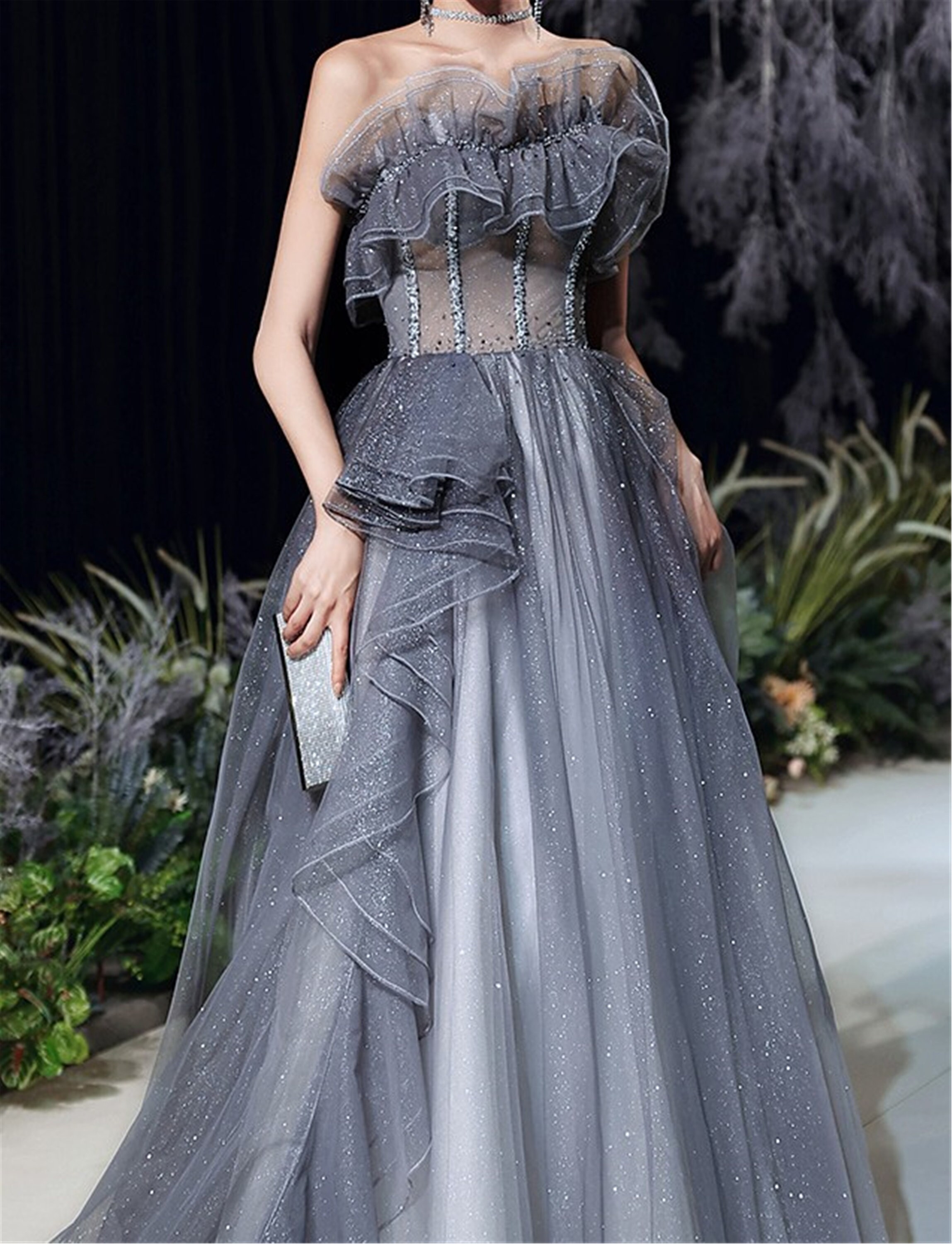 Gray Blue Corset Dress/Beaded Prom Dress Ball Gown/Long Party Etsy