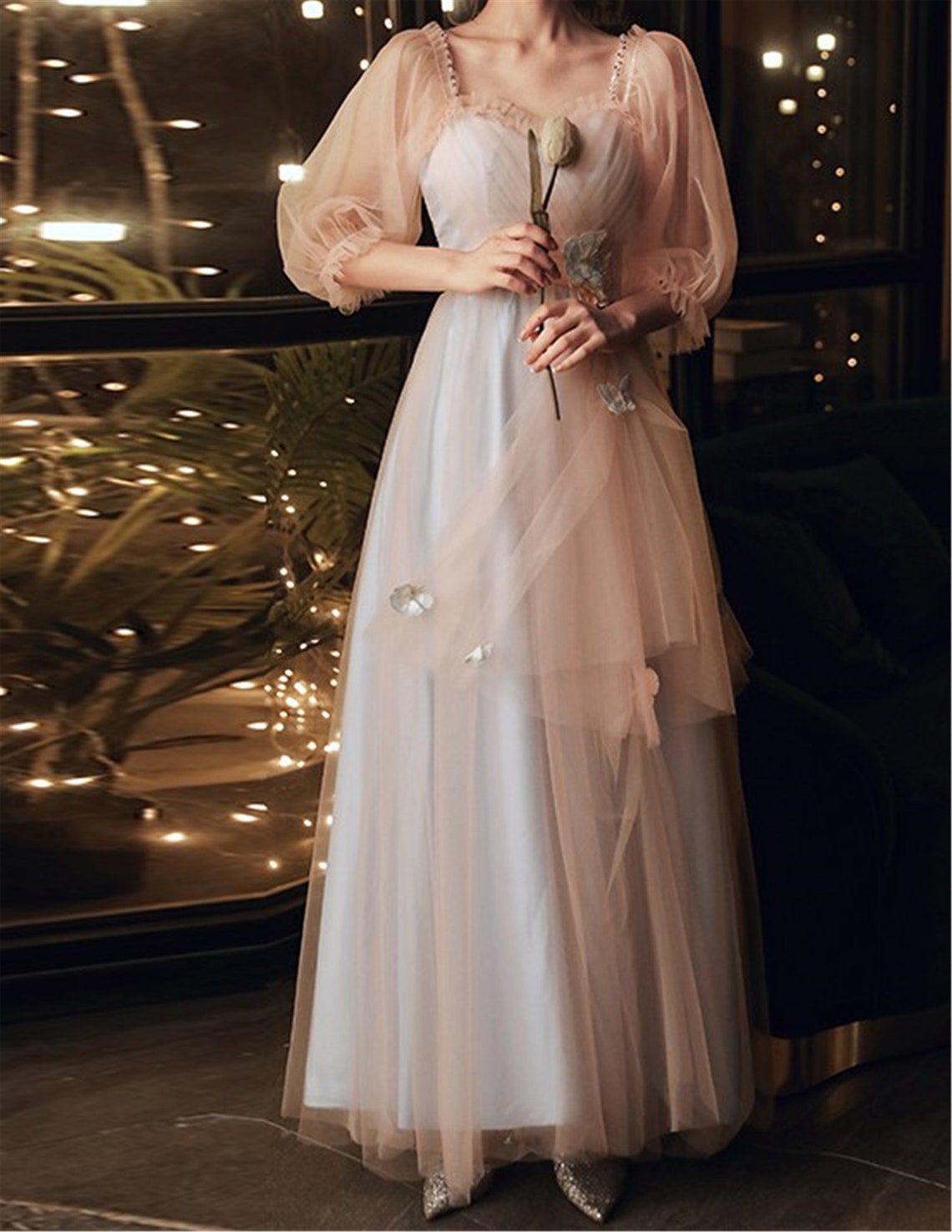 pink and blue ball gown