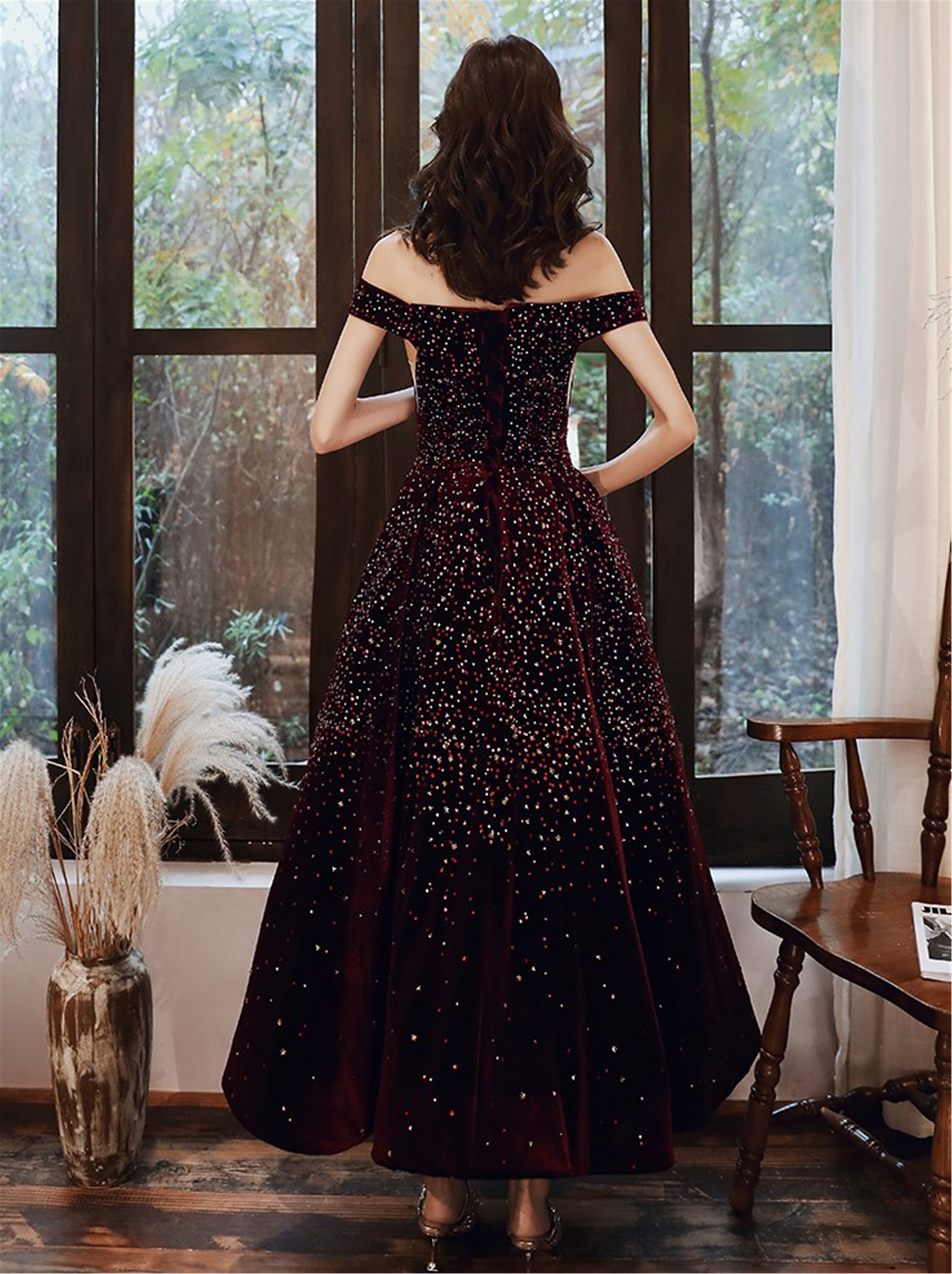Beaded Velvet Black Prom Dress Ball Gown/Vintage Long Party Etsy
