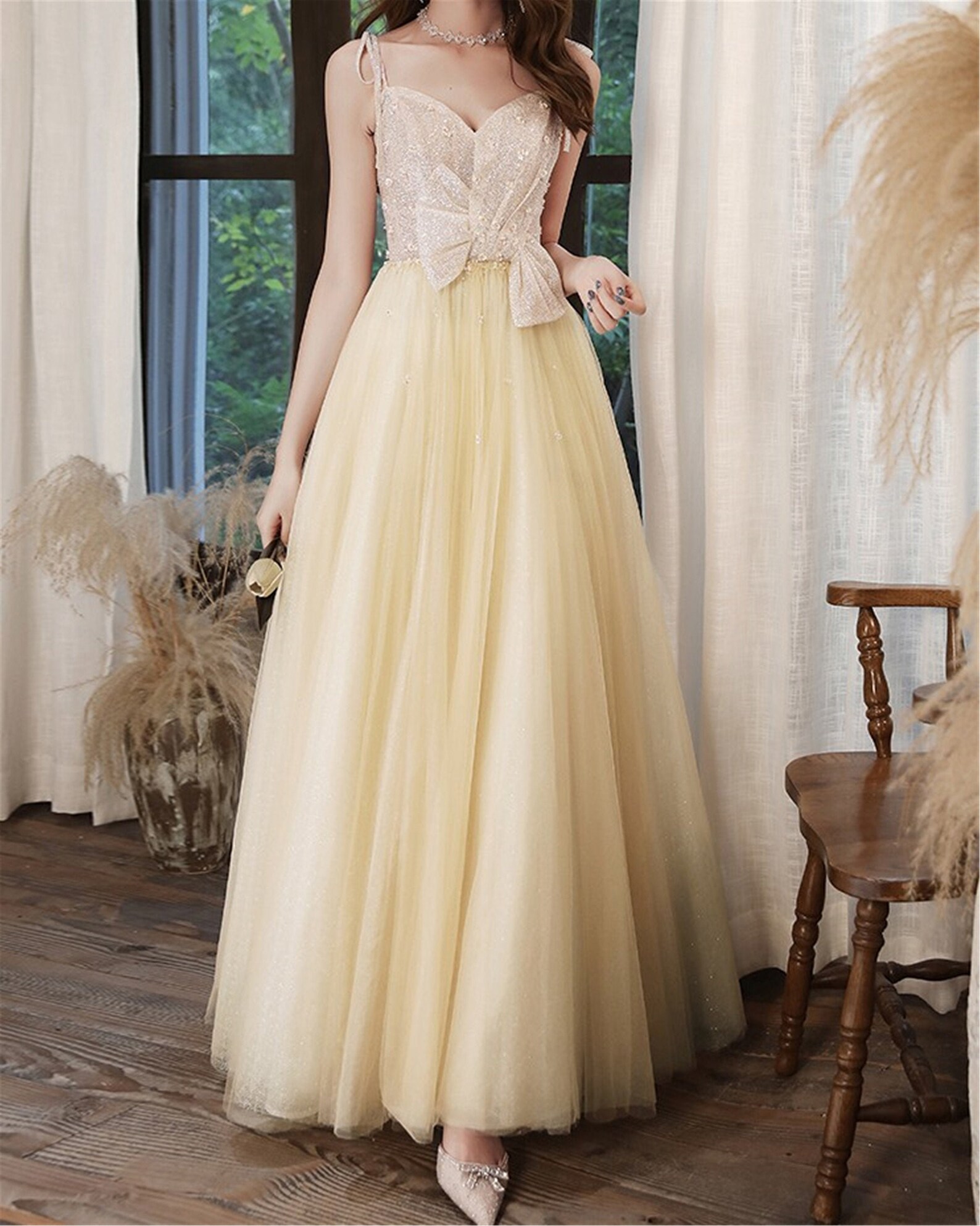 Light Yellow Prom Dress Ball Gown Tulle/Sweetheart Beaded Long Etsy
