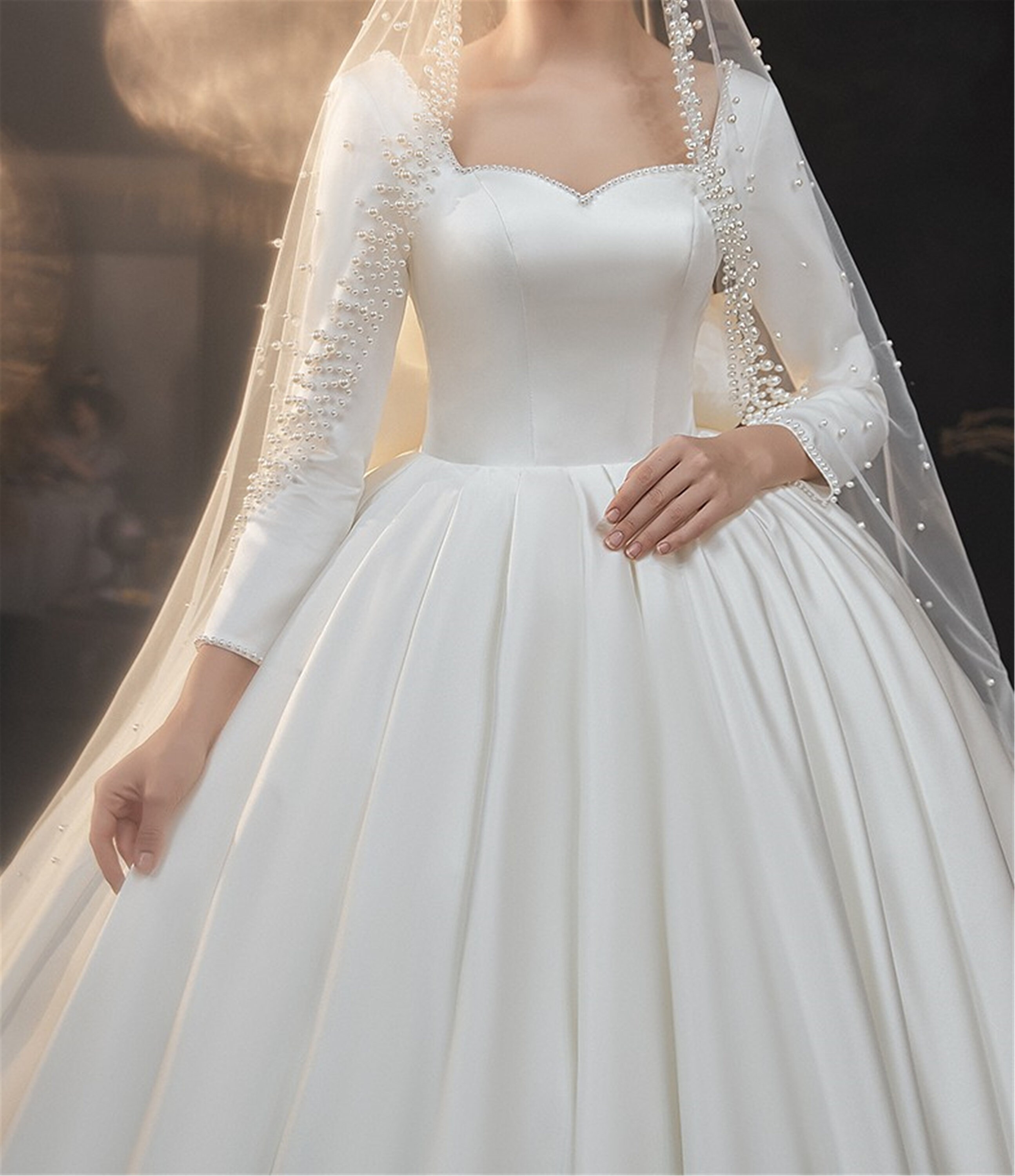 Soft Satin Wedding Dress Long Sleeve Sweetheart Simple Etsy