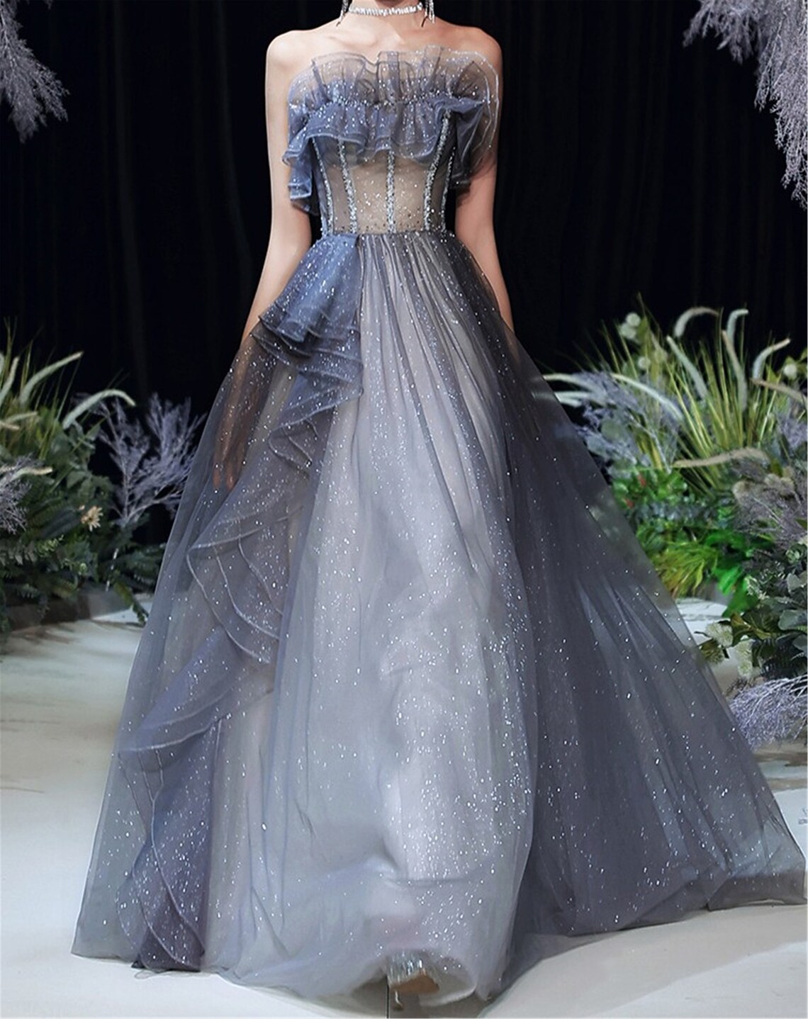 Gray Blue Corset Dress/Beaded Prom Dress Ball Gown/Long Party Etsy