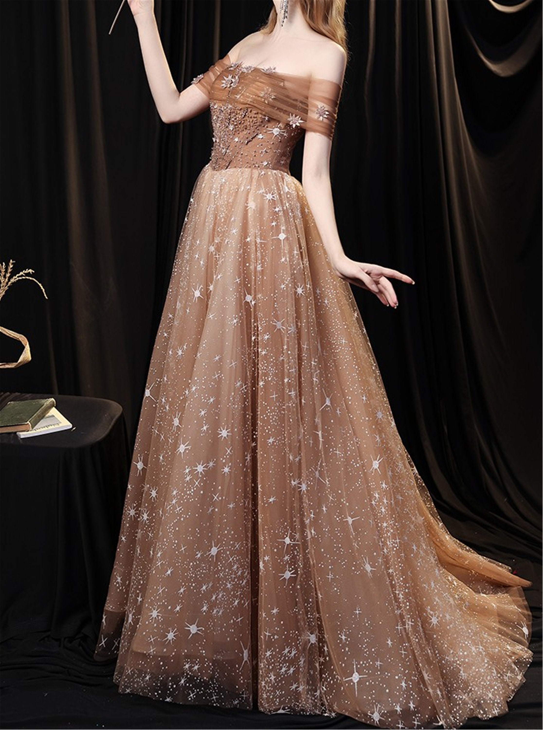 Orange Starry Prom Dress Ball Gown Tulle/Long Luxurious Party | Etsy