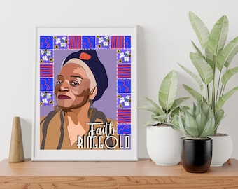 Puede incluir: Una ilustración enmarcada de Faith Ringgold, una artista, escritora y educadora estadounidense. La ilustración es de estilo colorido con un fondo morado y un borde con patrones. El texto "Faith Ringgold" está escrito en letras negras debajo de la ilustración.