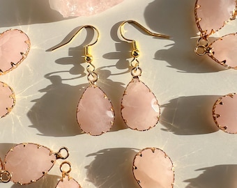 Pendientes de cuarzo rosa | Piedra curativa | Pendientes de piedras preciosas