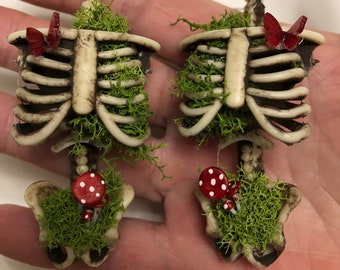 Natural Skeleton, Moss, and Mushroom Earrings. Ethereal, cottagecore, whimsigoth, fairy