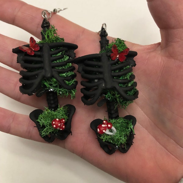 Black Torso Skeleton, Moss, and Mushroom Earrings. Ethereal, cottagecore, whimsigoth, fairy